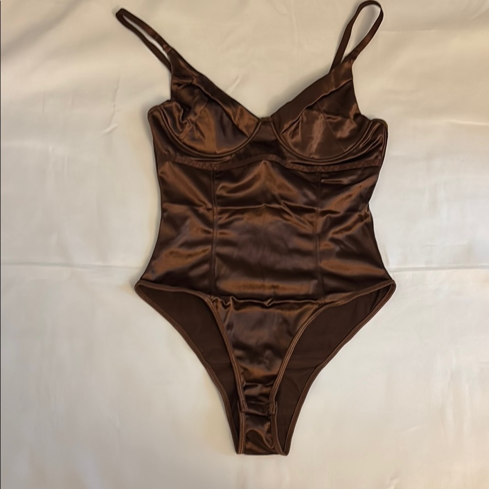 Under Wire Satin Bodysuit Brown Women Size Small NWOT
